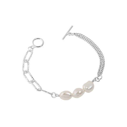 Asymmetry Hollow Chain Baroque Natural Pearl Silver Bracelet