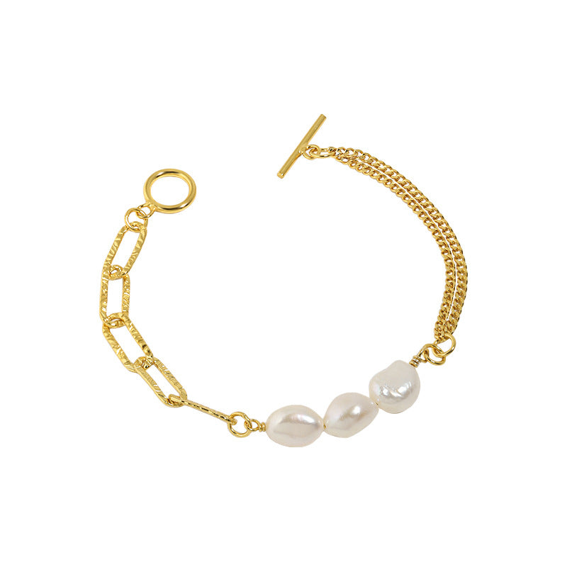 Asymmetry Hollow Chain Baroque Natural Pearl Silver Bracelet