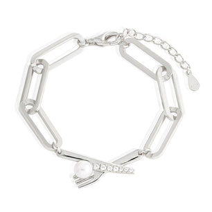 Fashion Natural Pearl Fork CZ Knift Silver Hollow Chain Bracelet