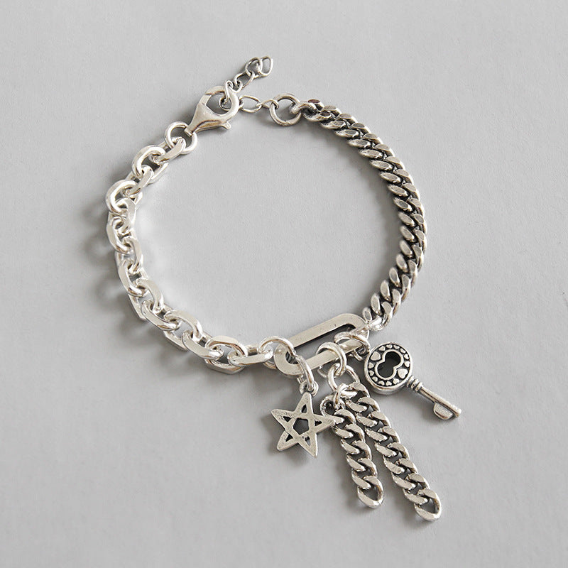 Asymmetry Curb Chain Hollow Star Key Tassels Silver Bracelet