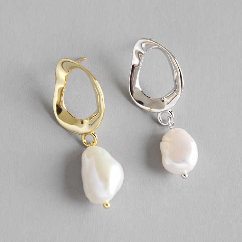 Office Unique Natural Pearl Silver Dangling Earrings