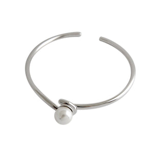 Simple Round Shell Pearl Silver Open Bangle