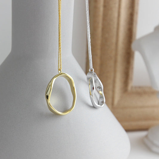 Simple Irregular Geometry Wave Circle Silver Necklace