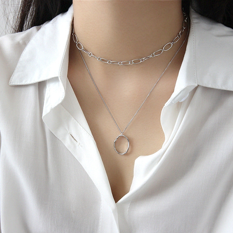 Simple Irregular Geometry Wave Circle Silver Necklace