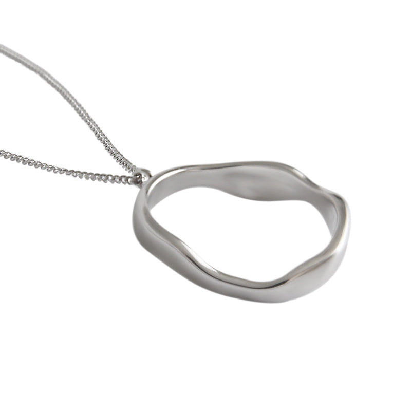 Simple Irregular Geometry Wave Circle Silver Necklace