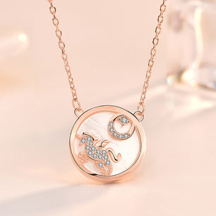 Gift Mother of Shell Moon CZ Unicorn Silver Necklace