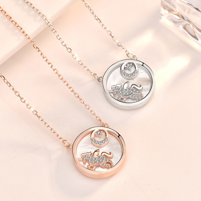 Gift Mother of Shell Moon CZ Unicorn Silver Necklace