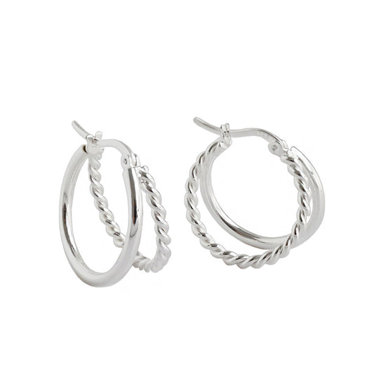 Simple Double Layers Twisted Silver Hoop Earrings