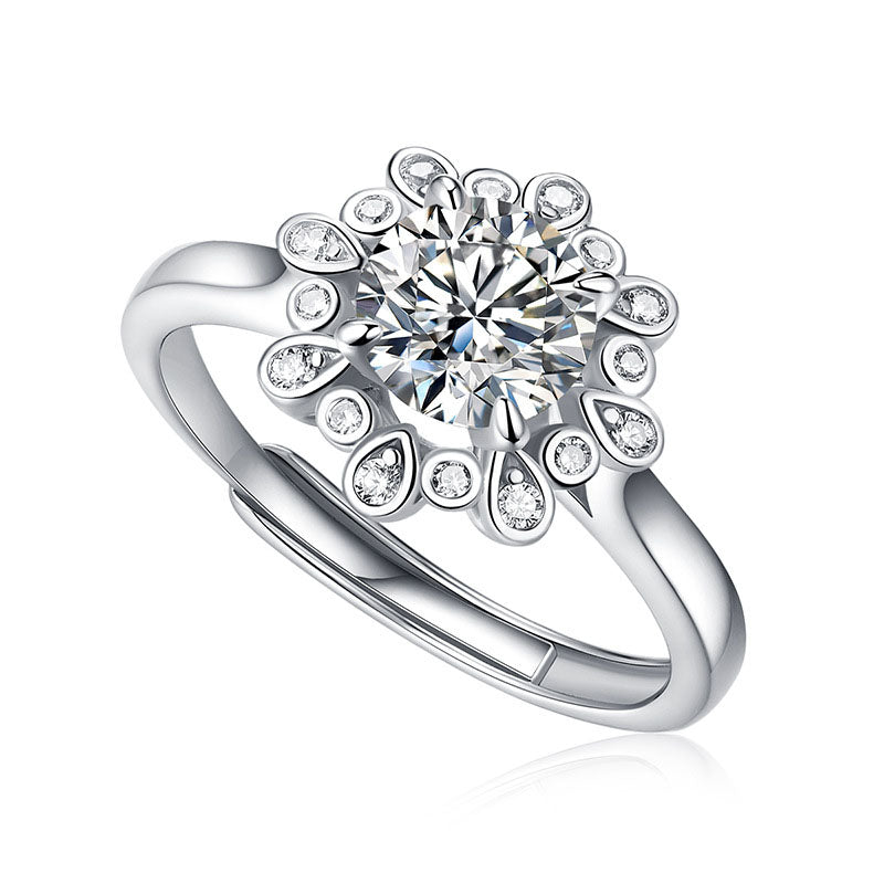 Wedding Moissanite CZ Peonies Flower Silver Ring