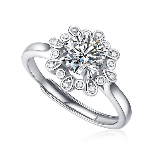 Wedding Moissanite CZ Peonies Flower Silver Ring