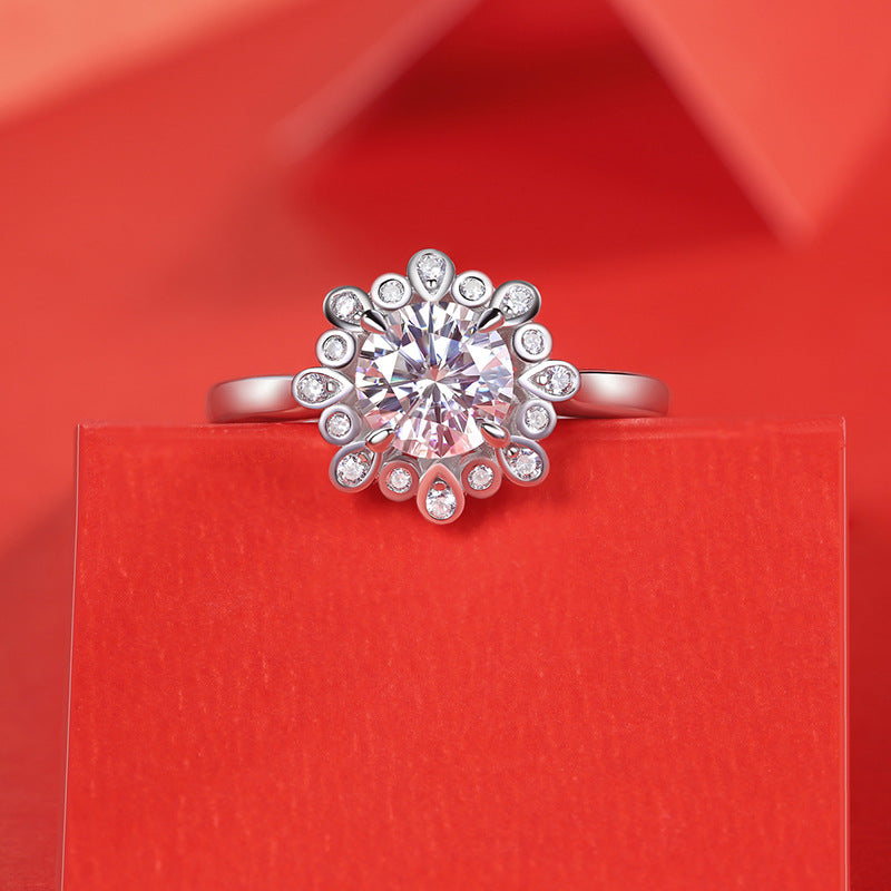 Wedding Moissanite CZ Peonies Flower Silver Ring