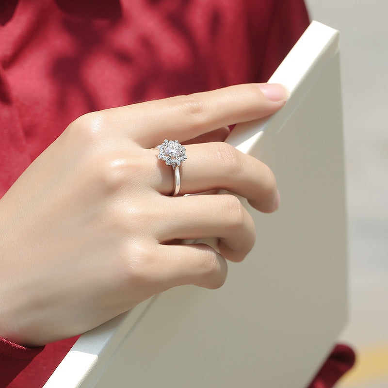 Wedding Moissanite CZ Peonies Flower Silver Ring