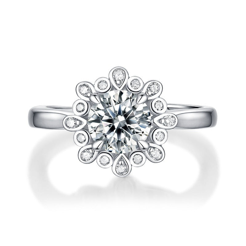 Wedding Moissanite CZ Peonies Flower Silver Ring