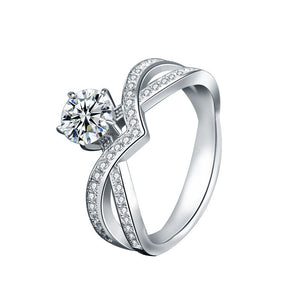 Lady Six Claw Round Moissanite CZ Crown Cross Silver Ring