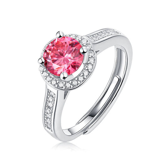 Women Pink Round Moissanite CZ Silver Ring