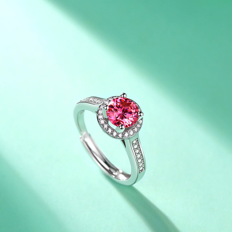 Women Pink Round Moissanite CZ Silver Ring