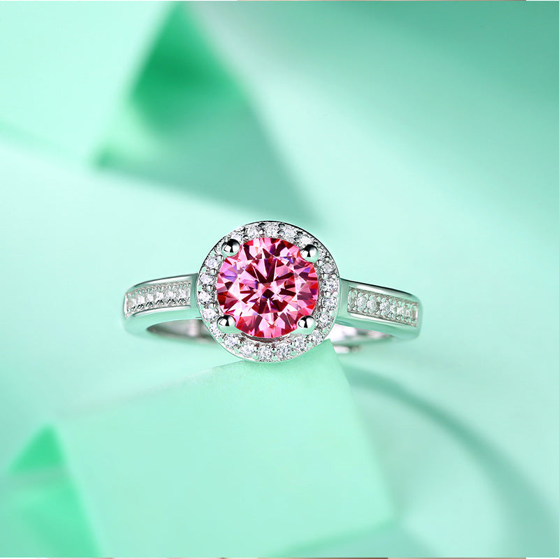 Women Pink Round Moissanite CZ Silver Ring