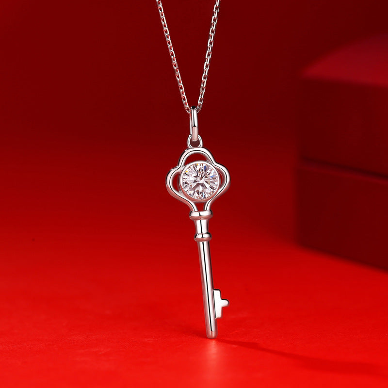 Women Moissanite CZ Key Silver Necklace