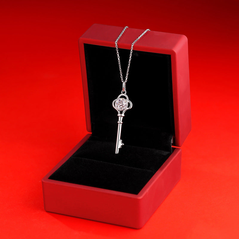 Women Moissanite CZ Key Silver Necklace