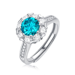 Women Blue Round Moissanite CZ Flower Silver Ring