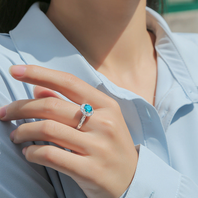 Women Blue Round Moissanite CZ Flower Silver Ring