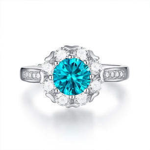 Women Blue Round Moissanite CZ Flower Silver Ring