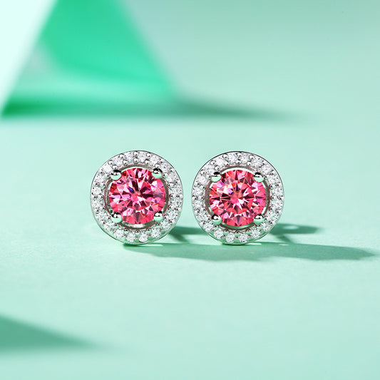 Girl Pink Round Moissanite CZ Silver Stud Earrings