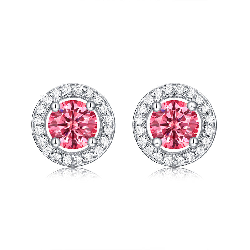 Girl Pink Round Moissanite CZ Silver Stud Earrings