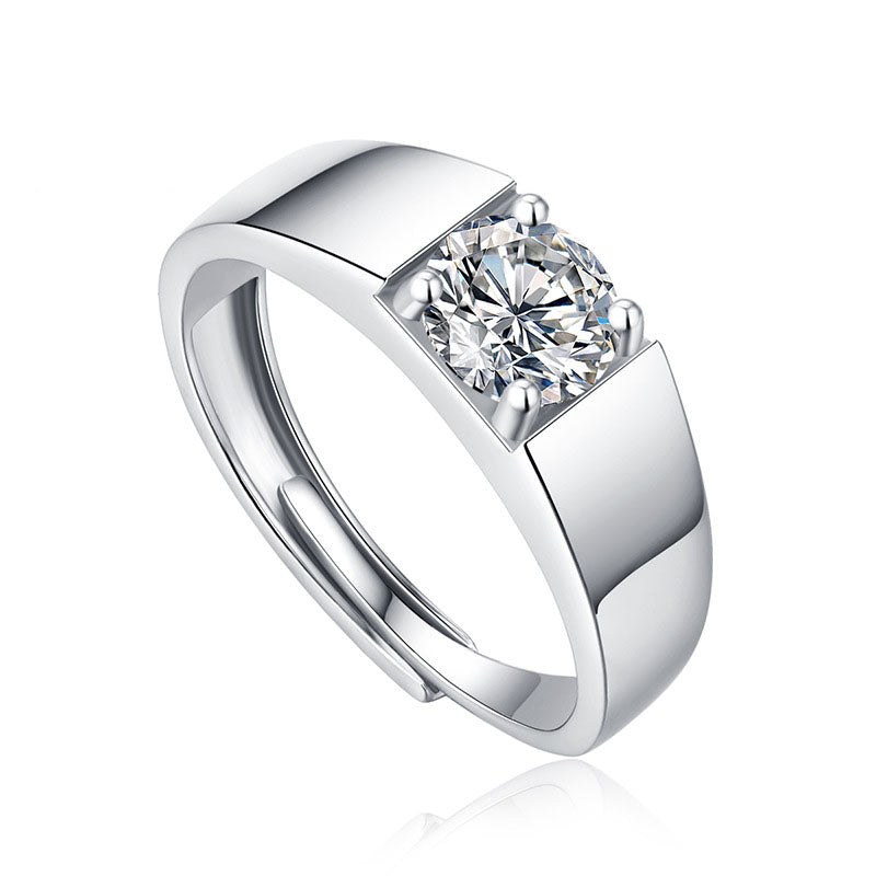 Men Round Moissanite CZ Geometry Silver Ring