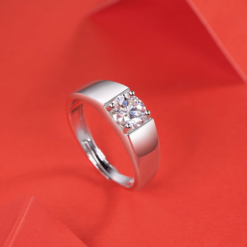 Men Round Moissanite CZ Geometry Silver Ring