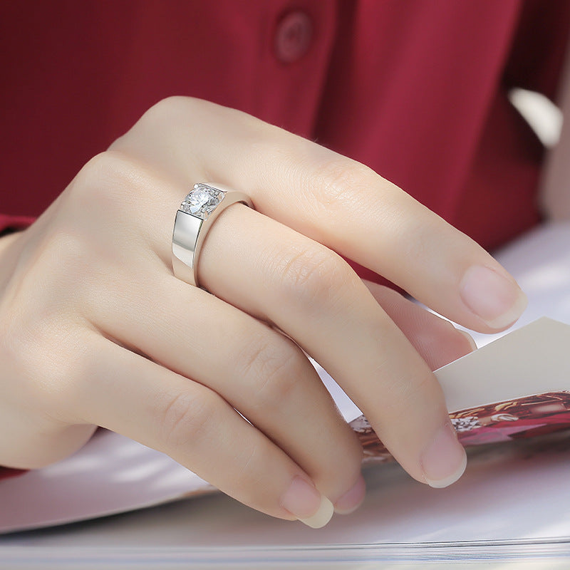 Men Round Moissanite CZ Geometry Silver Ring