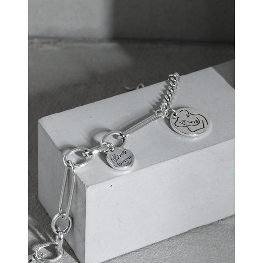 Asymmetry Curb Paperclip Chain Portrait Vintage Silver Bracelet