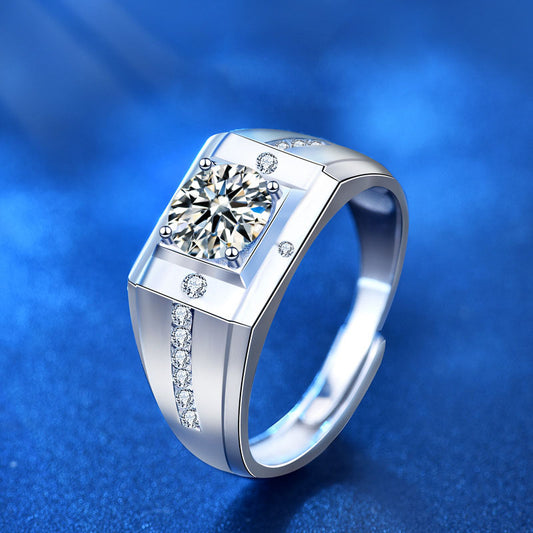 Men's Geometry Square Moissanite CZ Wide Silver Ring