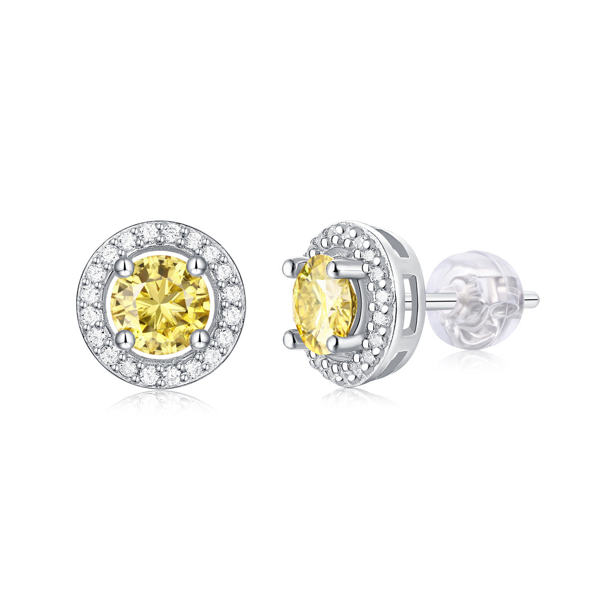 Simple Round Yellow Moissanite CZ Silver Stud Earrings