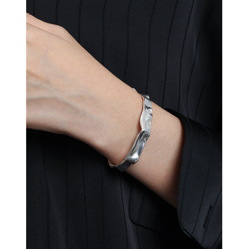 Simple Irregular Folding Paper Silver Open Bangle