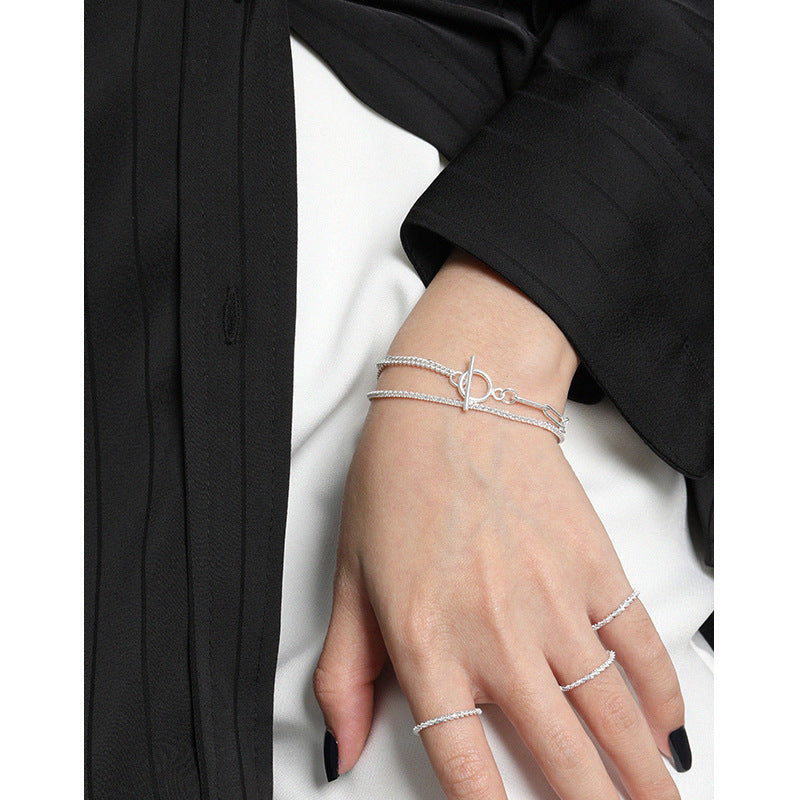 Asymmetry Double Layer Hollow Chain CZ Silver Bracelet