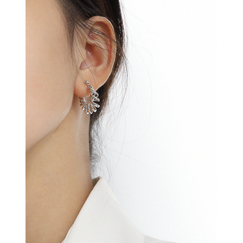 Casual Hollow Spring Twisted Silver Hoop Earrings