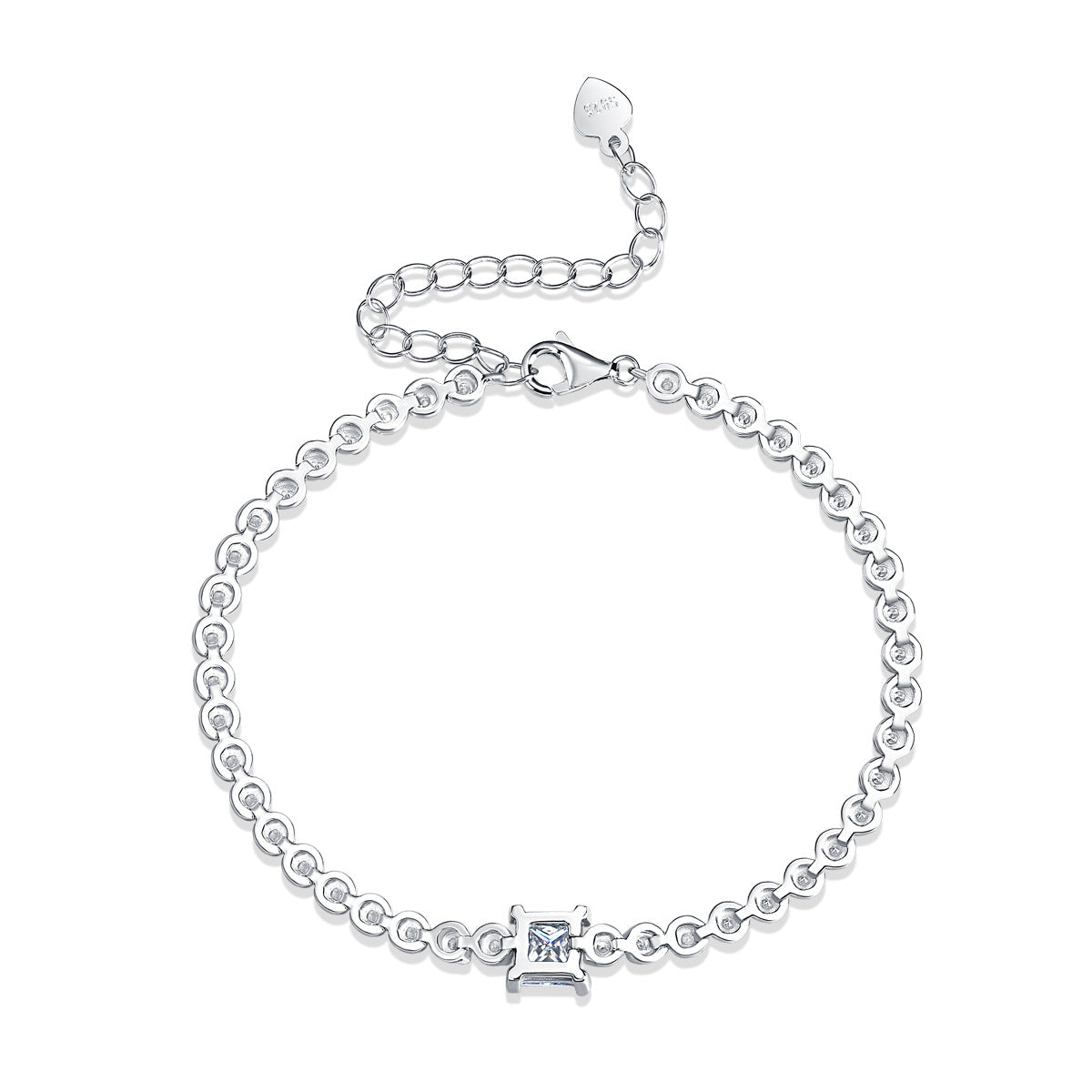 Gift Square Moissanite Round CZ Chain Silver Bracelet