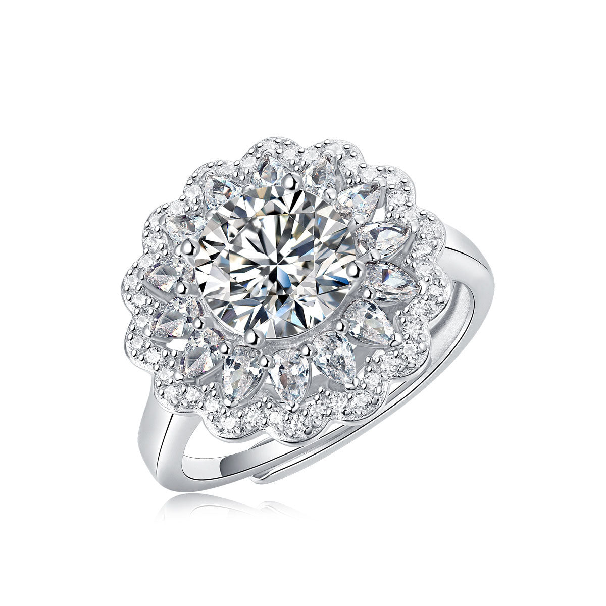 Beautiful Moissanite CZ Flower Silver Ring