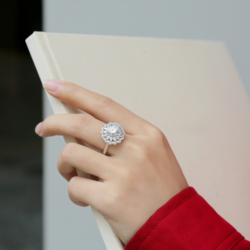 Beautiful Moissanite CZ Flower Silver Ring