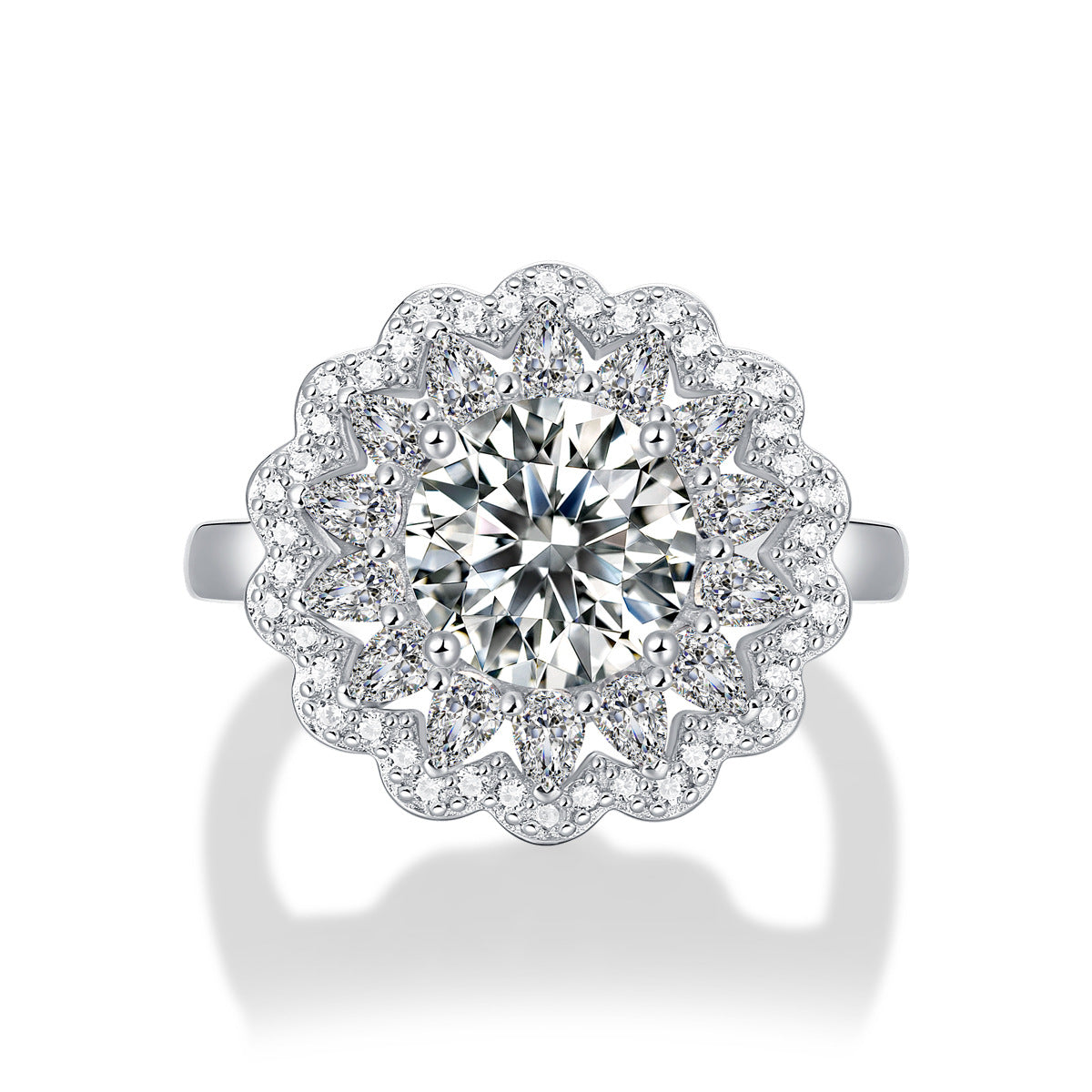 Beautiful Moissanite CZ Flower Silver Ring