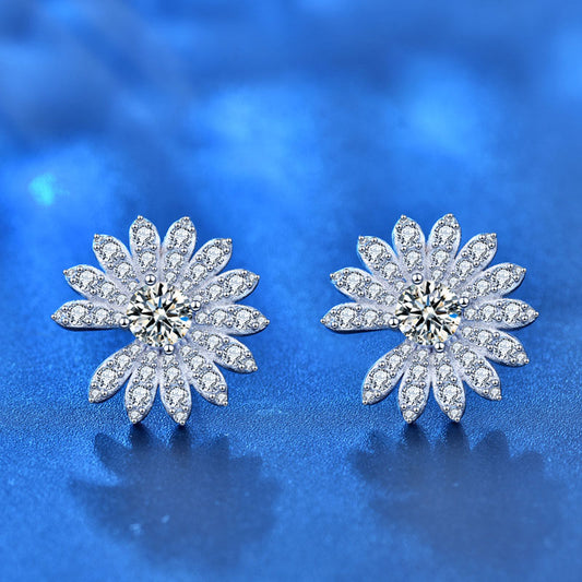 Beautiful Moissanite CZ Daisy Flowers Silver Stud Earrings