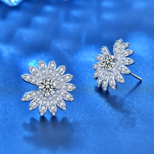 Beautiful Moissanite CZ Daisy Flowers Silver Stud Earrings