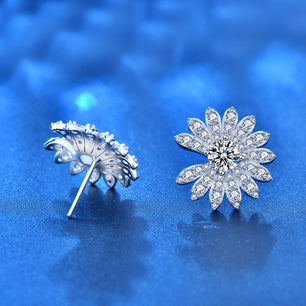 Beautiful Moissanite CZ Daisy Flowers Silver Stud Earrings