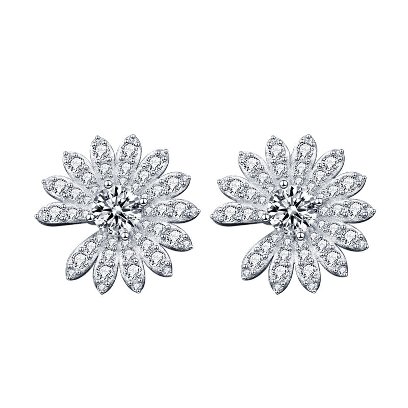 Beautiful Moissanite CZ Daisy Flowers Silver Stud Earrings