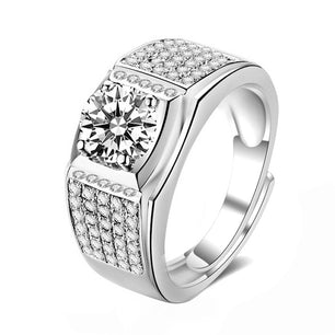 Men's Round Moissanite CZ Micro Setting Wide Silver Ring