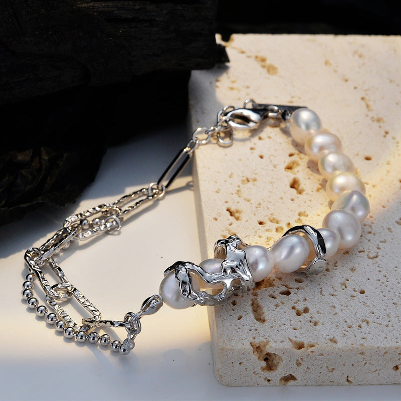 Women Elegant Natural Baroque Pearls Silver Curb Chian Montage Bracelet