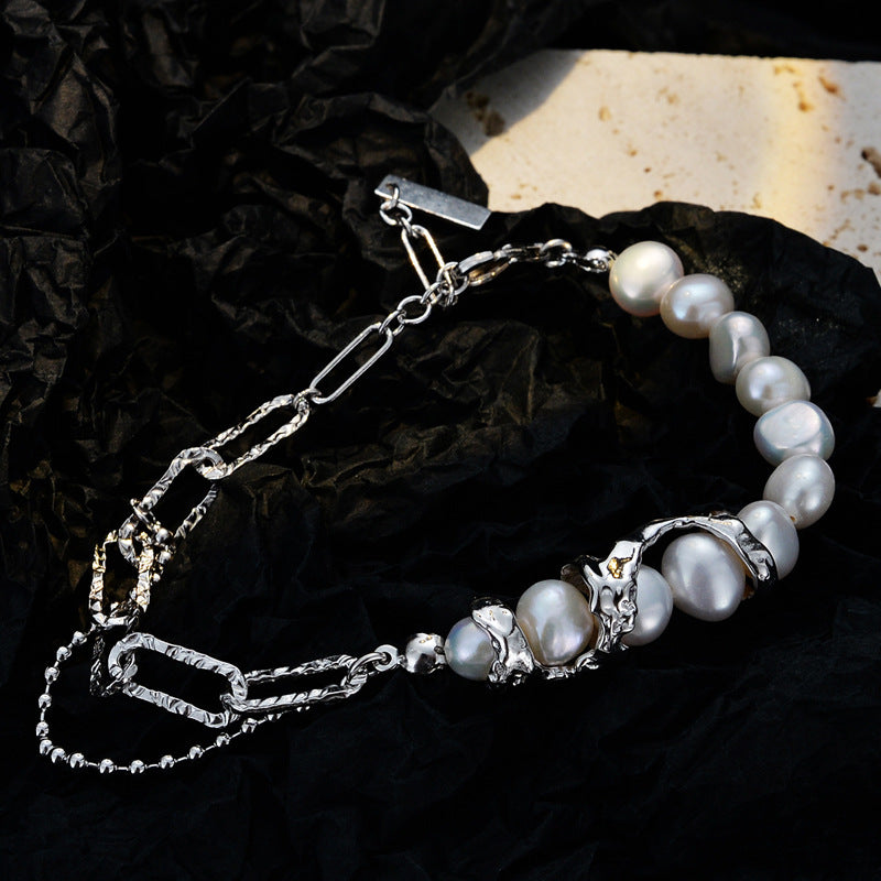 Women Elegant Natural Baroque Pearls Silver Curb Chian Montage Bracelet