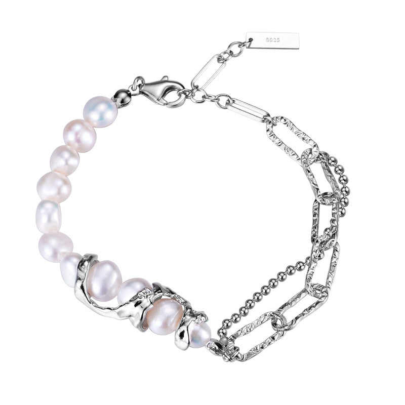 Women Elegant Natural Baroque Pearls Silver Curb Chian Montage Bracelet