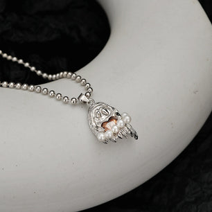 Halloween Gift Orange Heart Shell Pearl Ghost Silver Beads Necklace